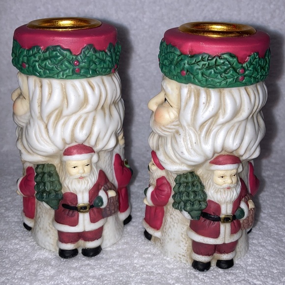 VTG; Set of 2 - Santa Claus 4 3/4 by 2 inch ceramic - Taper Candle Holders - Picture 2 of 6